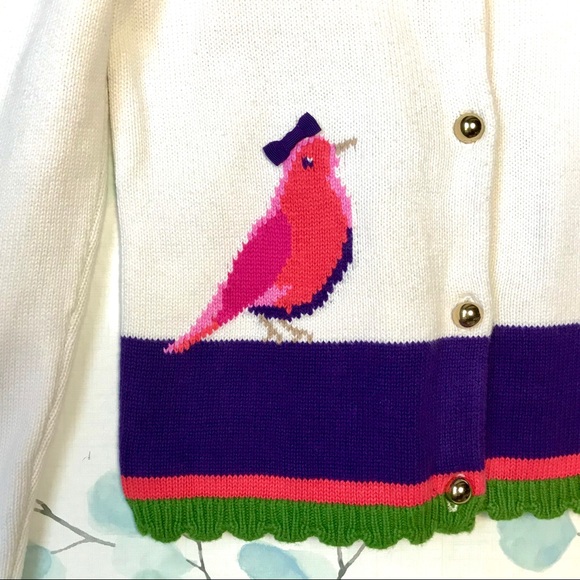 Gymboree Kids Cream Cardigan Knit Sweater Gold Buttons, Pink Bird & Purple Bow - Picture 4 of 13